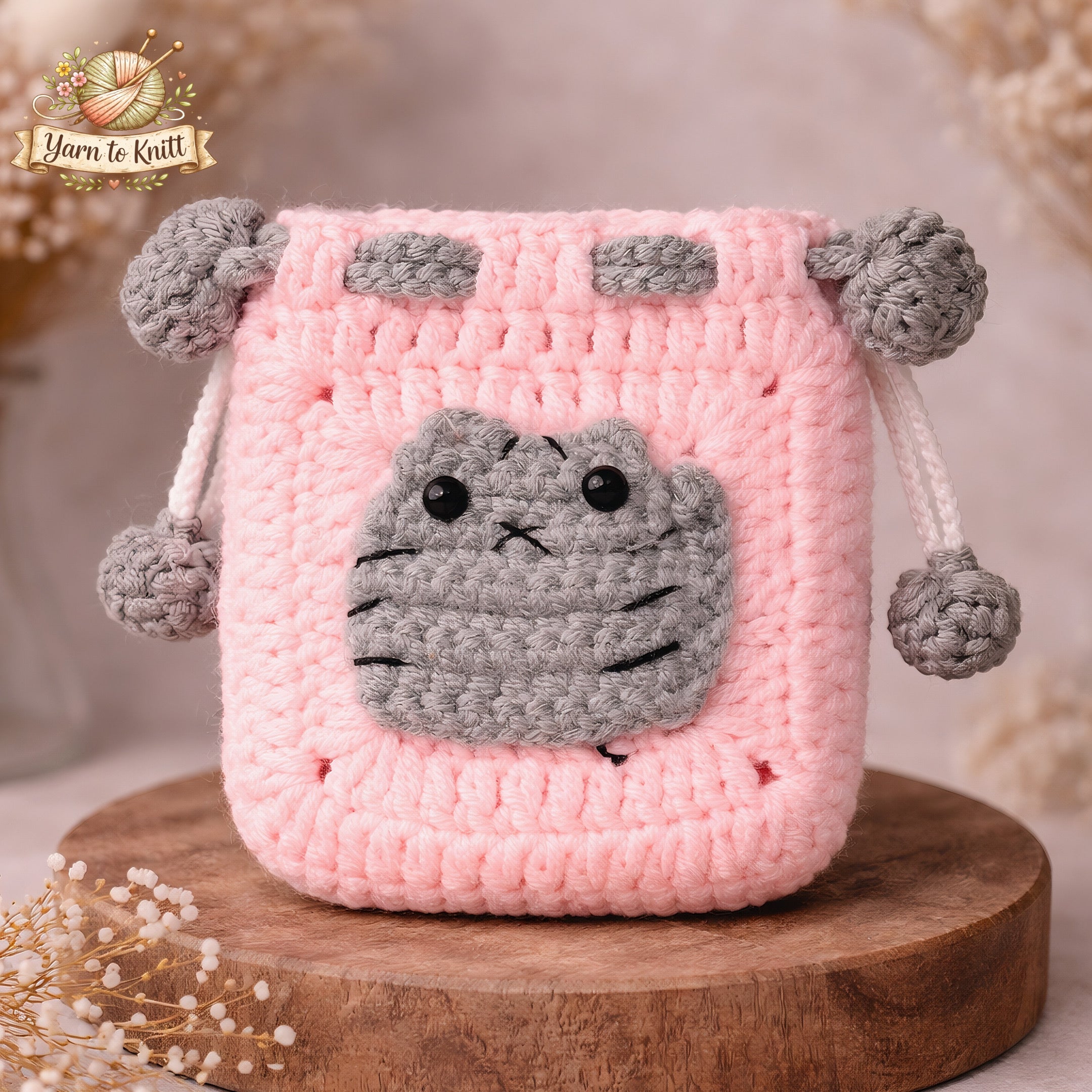 Cuddly Kitty Crochet Drawstring Pouch