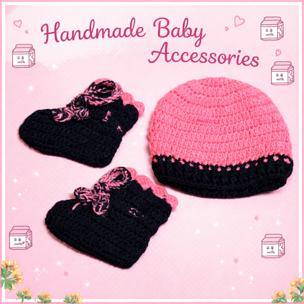 Handmade Knitted Baby Outfit Set – Pink Floral Design (6-12 Months)