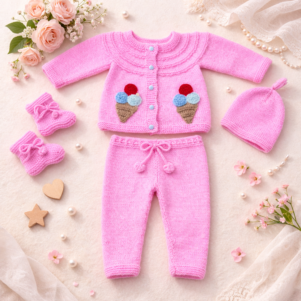 Hand-Knitted 4- Piece Baby Ice Cream Outfit Set - Cozy and Comfort (6-12 Months)