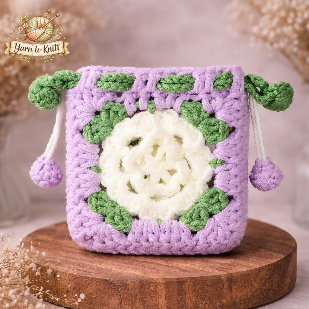 Lavender Rose Granny Square Crochet Pouch