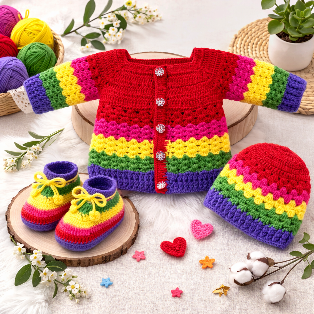 Handmade Baby Knit Outfit Set – Rainbow Design (6-12 Months)