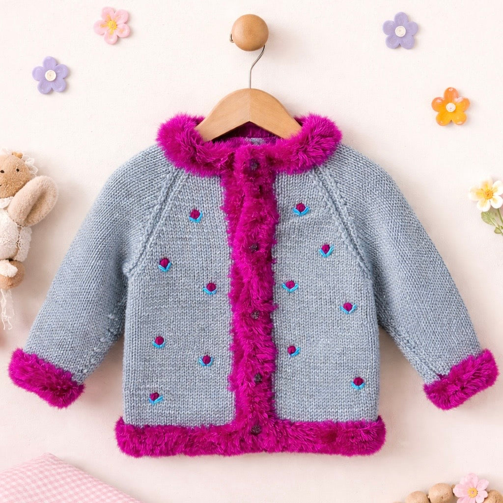 Handmade Baby Cardigan – Soft Knit with Faux Fur Trim (2-3 Years)