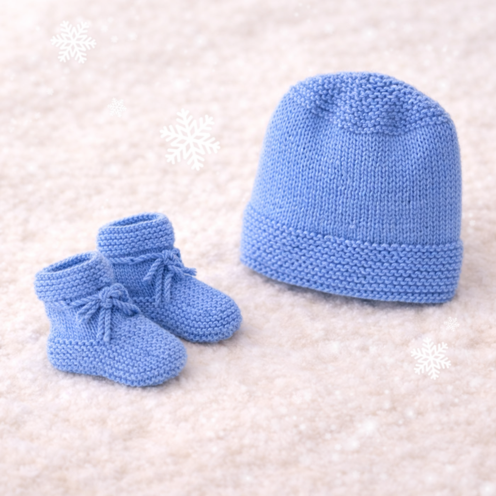 Hand-Knitted Baby 3-Piece Outfit Set – Soft Blue with Sheep design (12-18 Months)