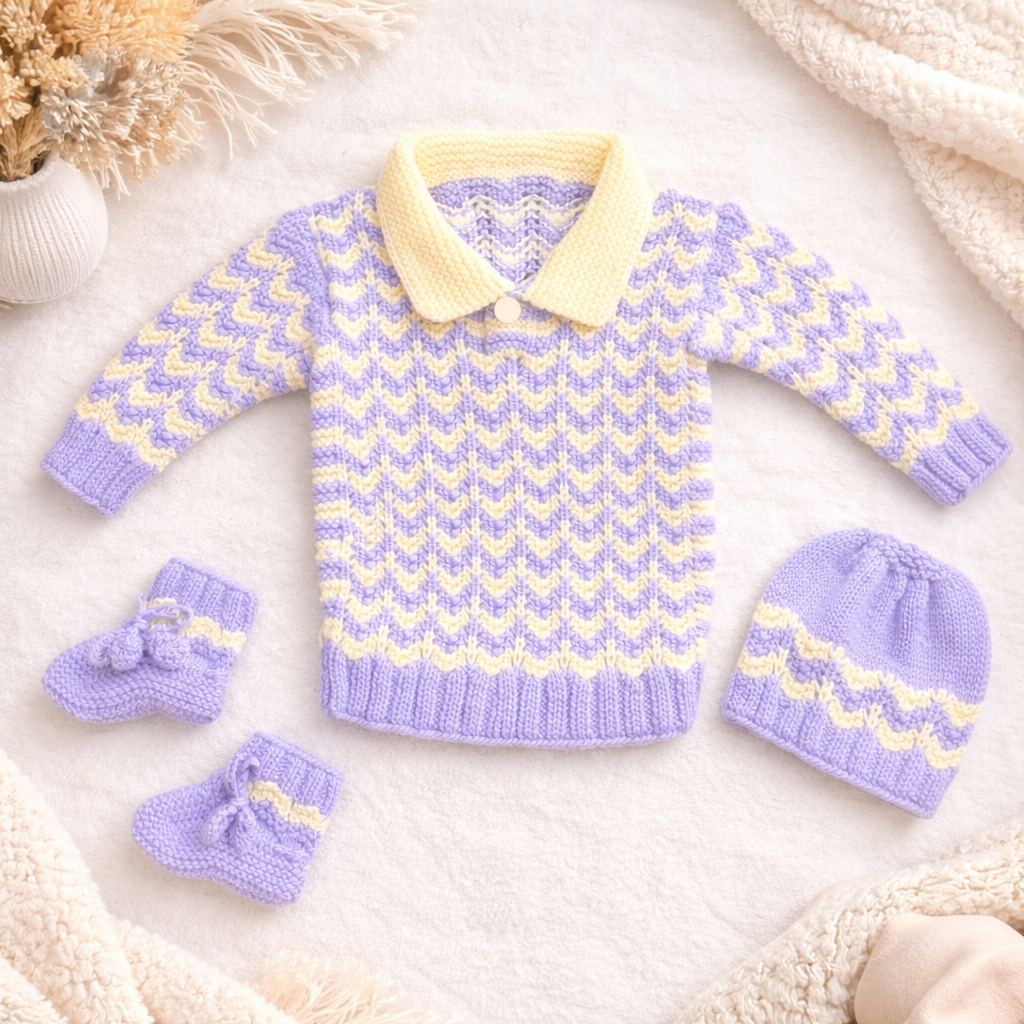Hand-Knitted Baby Cardigan Set – Lavender & Yellow (3-Piece Set)-(3-6 Months)