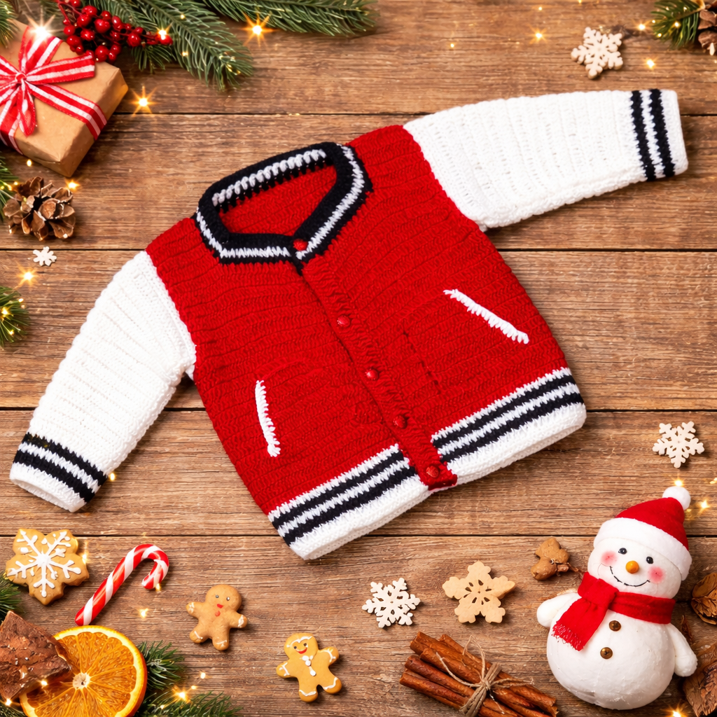 Handmade Varsity-Style Baby Cardigan – Festive Holiday Edition (3-4 Years)