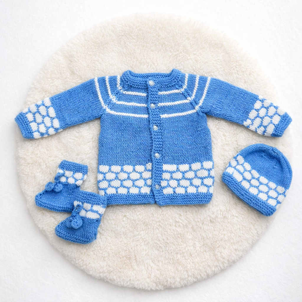 Hand-Knitted Baby Sweater Set – Blue and White (18-24 Months)
