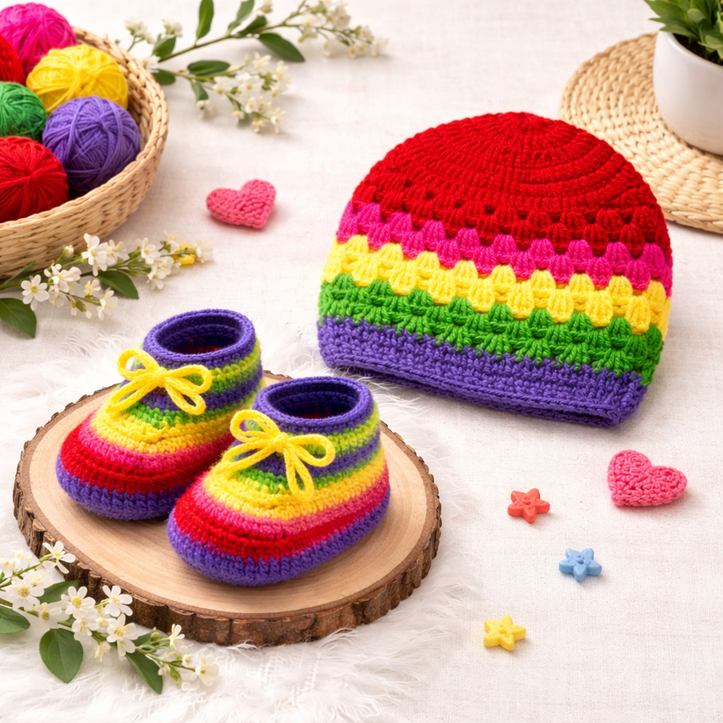 Handmade Baby Knit Outfit Set – Rainbow Design (6-12 Months)