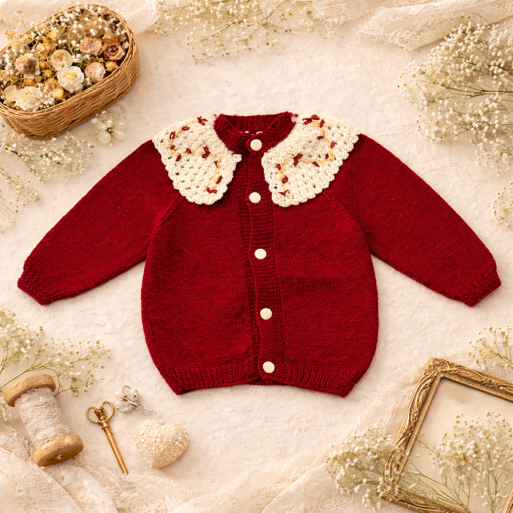 Hand-Knitted Baby Cardigan with Crochet Collar – Maroon (18-24 months)