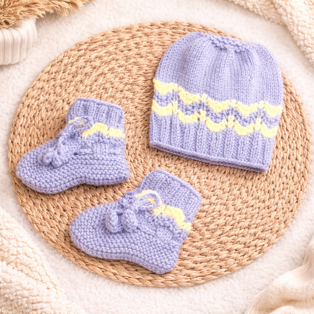 Hand-Knitted Baby Cardigan Set – Lavender & Yellow (3-Piece Set)-(3-6 Months)