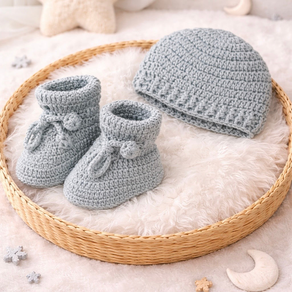 Handmade Knitted Baby Outfit Set – Navy Blue and Grey (0-3 Months)