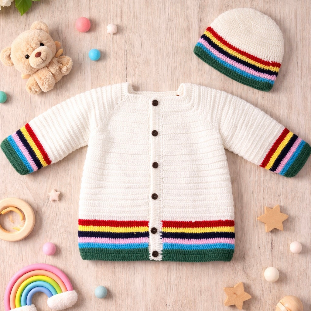 Handmade Knitted Baby Outfit Set - Colourful Striped Borders (2-3 Years)