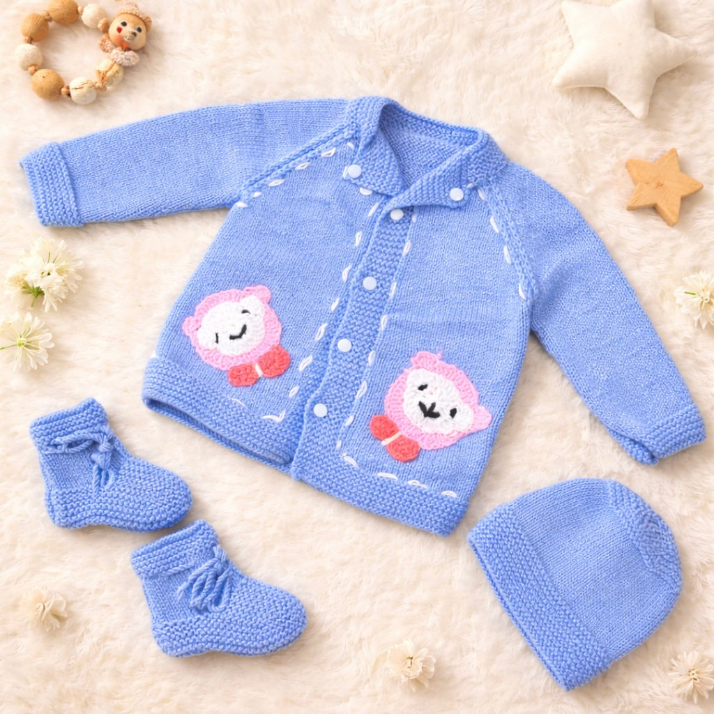 Hand-Knitted Baby 3-Piece Outfit Set – Soft Blue with Sheep design (12-18 Months)