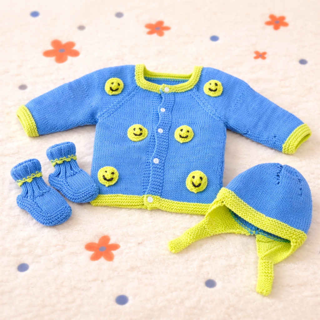 Handmade Knitted Baby Outfit Set - Cute Smiley Face (12-18 Months)